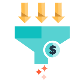 Illustration of a sales funnel with three downward arrows feeding into a funnel that outputs dollar signs, symbolizing lead conversion into revenue.