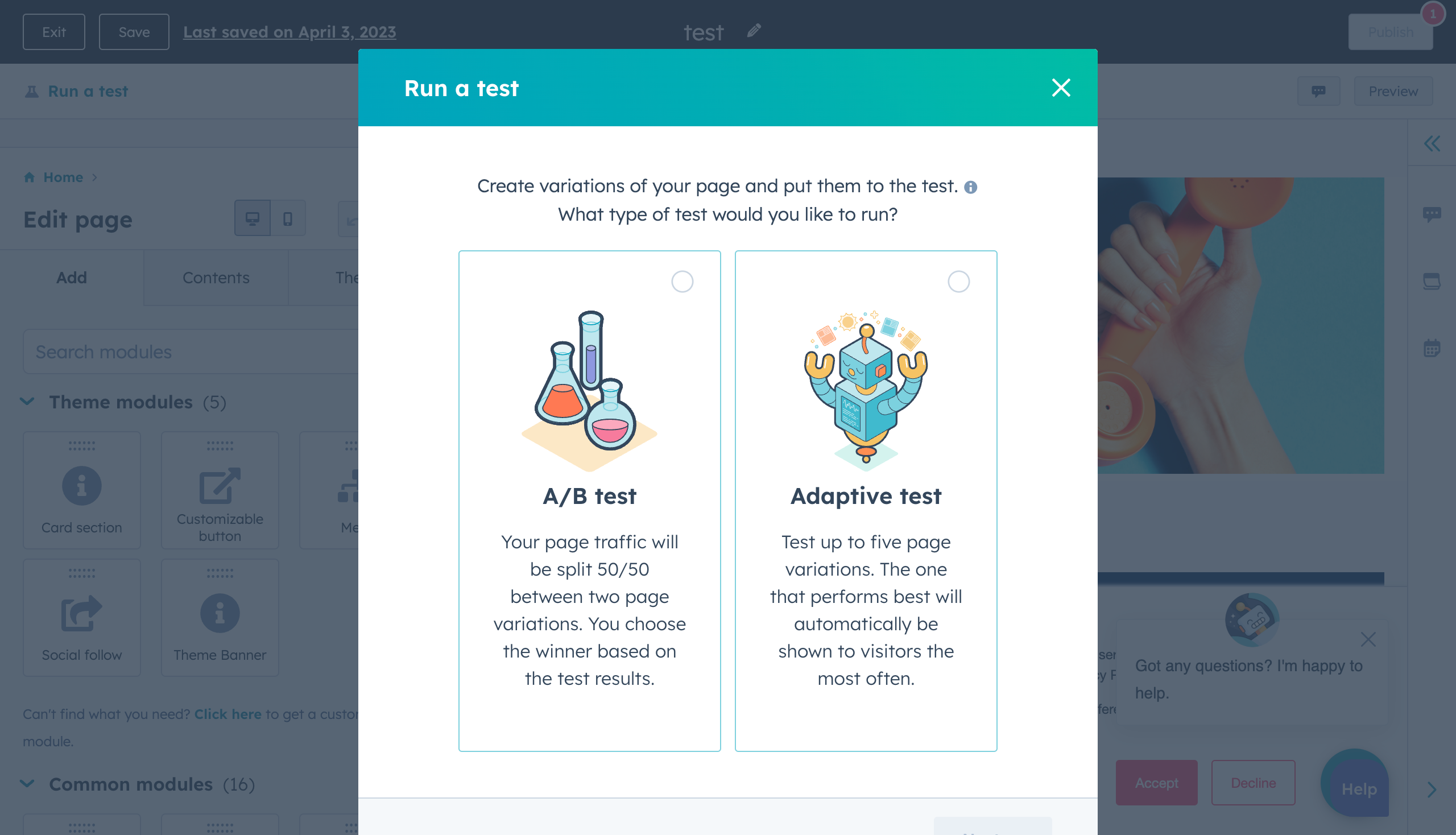 Screenshot of a website testing interface offering A/B testing and adaptive testing options. A/B test splits traffic 50/50 between two page variations; adaptive test automatically favors the highest-performing page among up to five variations. Illustrations of lab beakers and a robot accompany each option.