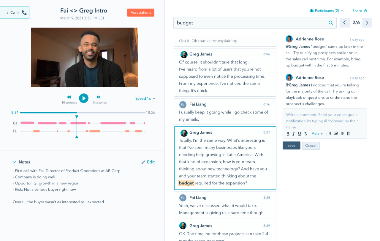 Conversation AI platform screenshot of a sales call between Greg James and Fai Liang discussing budget for Latin America expansion. Transcript shows keyword “budget” highlighted. Coaching comments suggest improving sales call strategy. Notes summarize opportunity and risks.