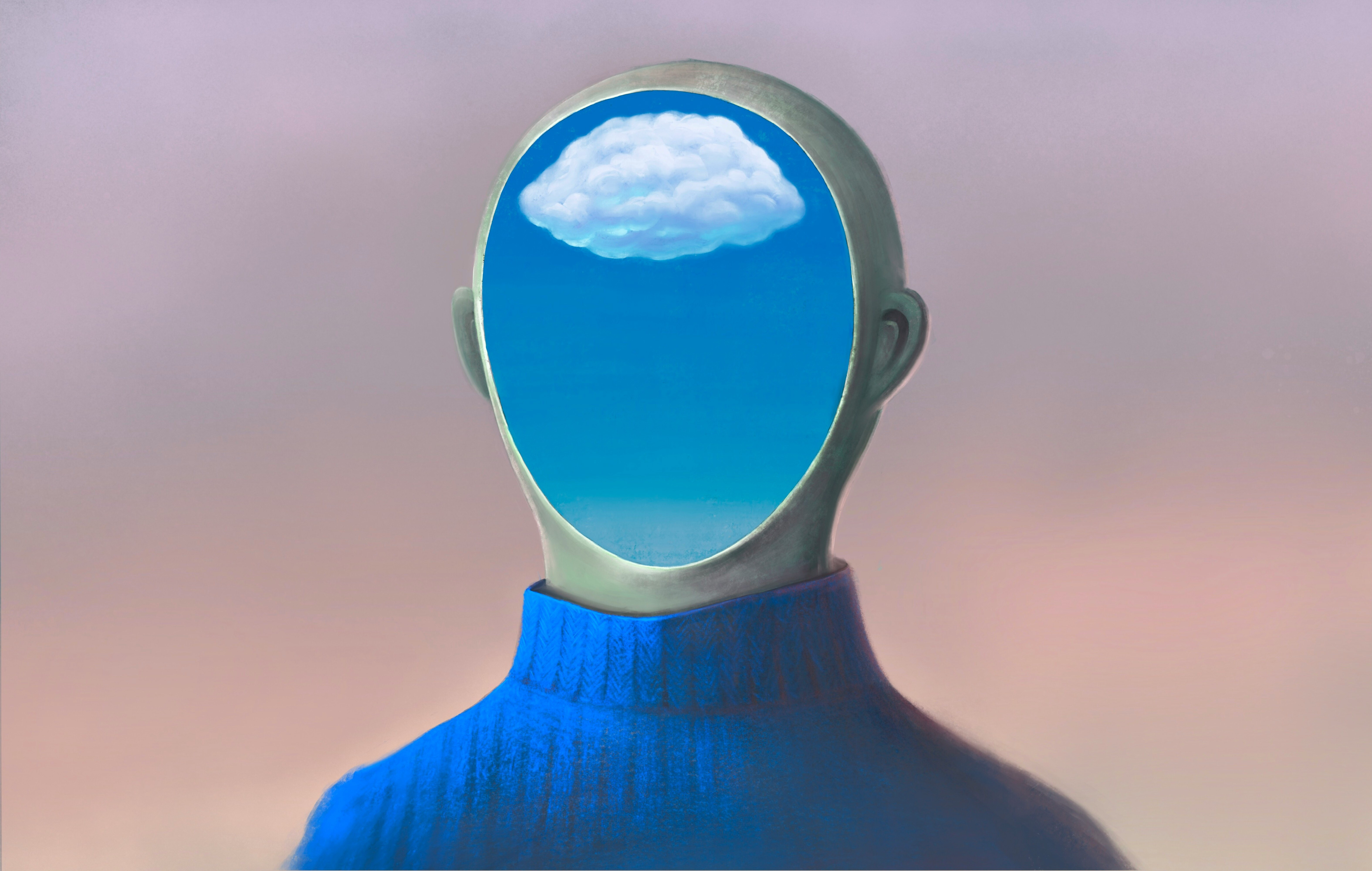 Surreal illustration of a faceless person in a blue sweater with a cloud floating inside a sky-blue void where the face should be, symbolizing imagination, mindfulness, or mental clarity.