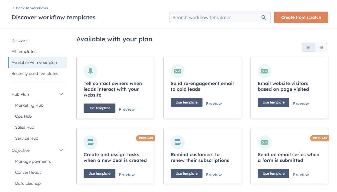 HubSpot interface showing a selection of workflow templates available by plan. Template options include sending re-engagement emails, notifying contact owners of lead activity, emailing based on page visits, assigning tasks on new deals, and sending email series after form submissions. Some templates are marked “Popular.”