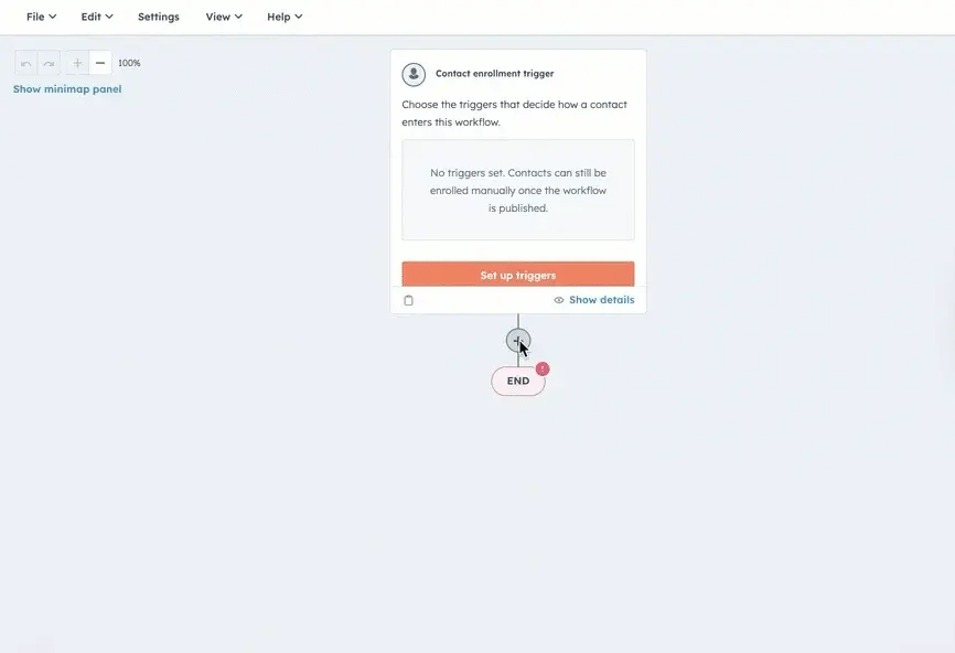 Screenshot of a HubSpot workflow editor. The workflow shows a contact enrollment trigger with no triggers set and an “END” step below. A button labeled “Set up triggers” is visible for configuring the start condition.