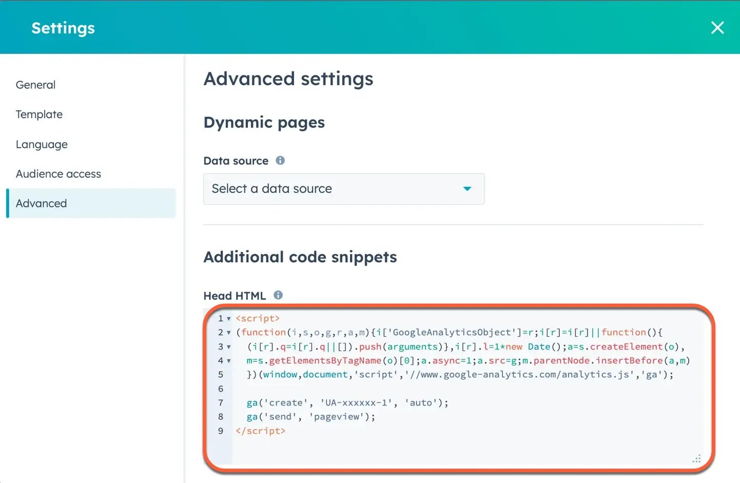HubSpot settings page showing the “Advanced” tab. Under “Additional code snippets,” a section labeled “Head HTML” includes a Google Analytics tracking script written in JavaScript, used for tracking page views.